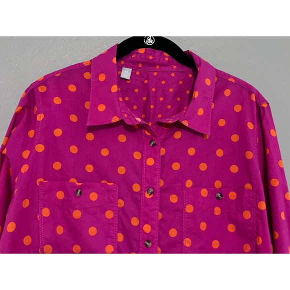 JC Penney Womens Pink & Orange Polka Dot Top w/ Floral Embroidery Button Down 1X - Picture 2 of 10